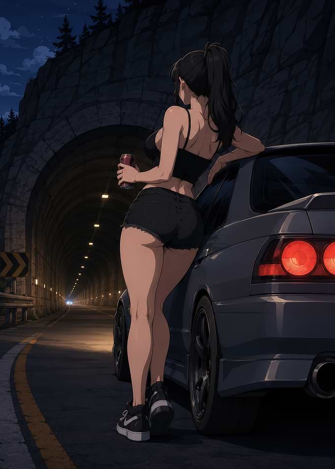 Anime Girl Leaning on Sports Car