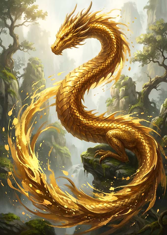 Majestic Golden Dragon in Misty Mountains