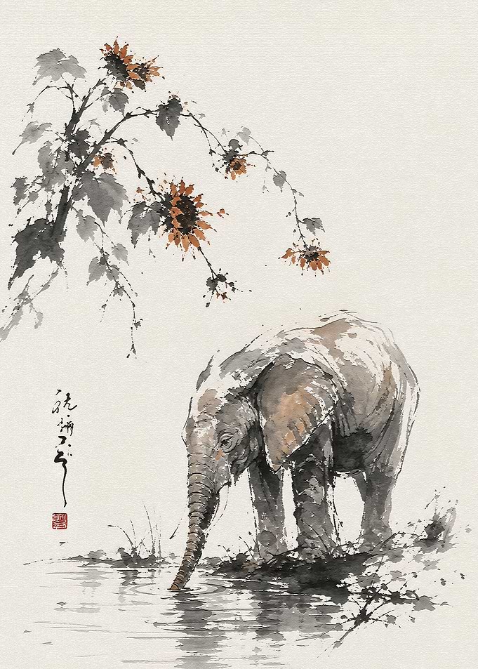 Elephant Drinking Under Sunflowers Ink Wash