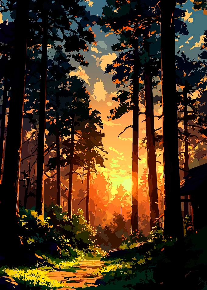 Golden Sunset Through Pine Forest
