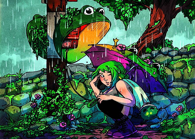 Anime Girl Using Frog Phone Booth
