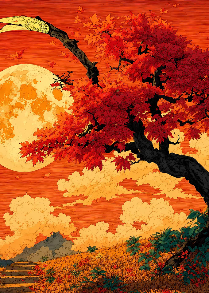 Autumn Maple Tree Under Full Moon
