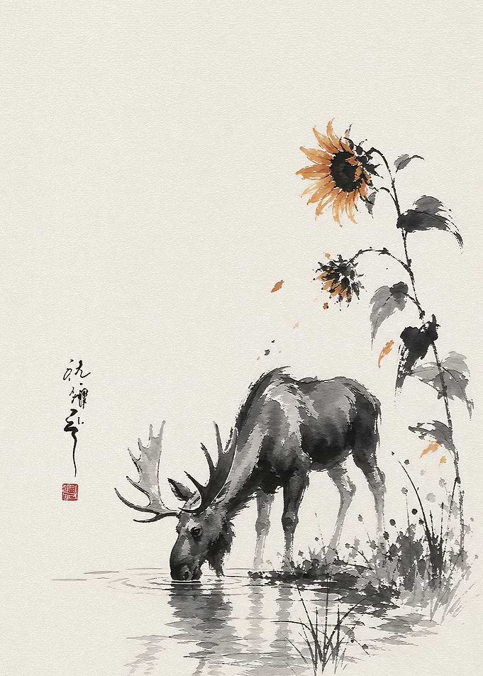 Sumi-e Style Moose Drinking Water