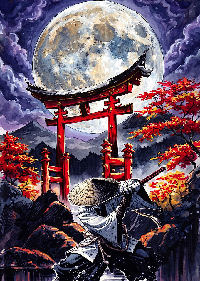 Samurai Warrior Under Full Moon