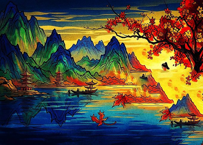 Vibrant Autumn Landscape with Pagodas