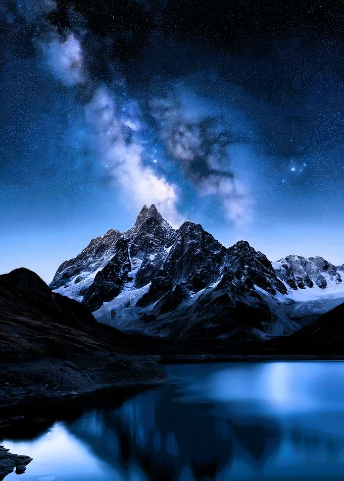 Milky Way Over Snowy Mountain Lake