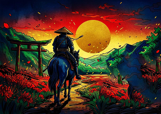 Samurai Riding Horse at Sunset