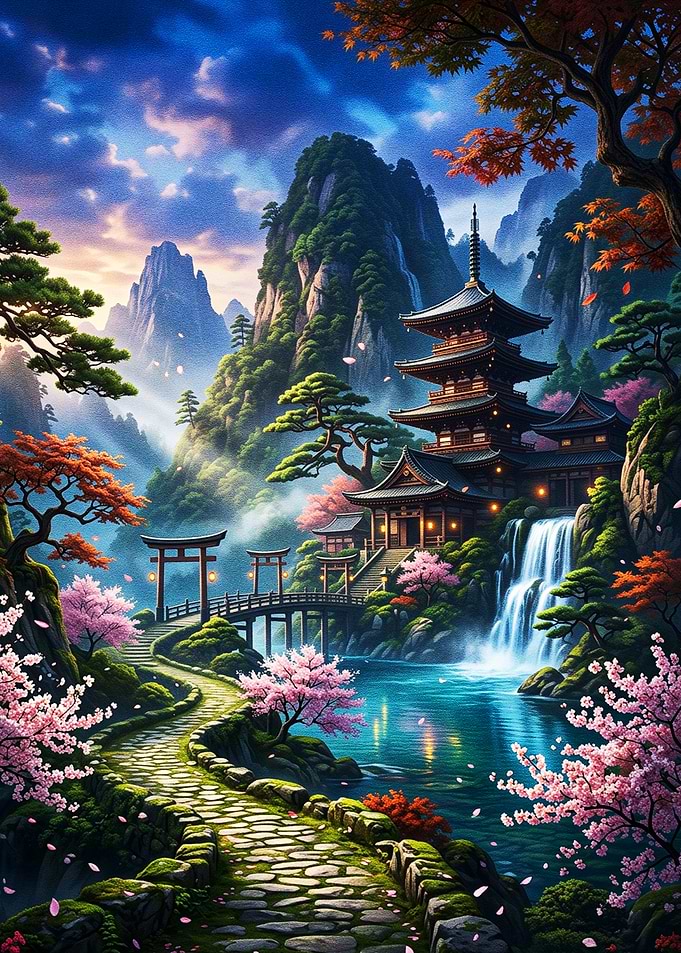 Serene Japanese Temple and Waterfall Landscape