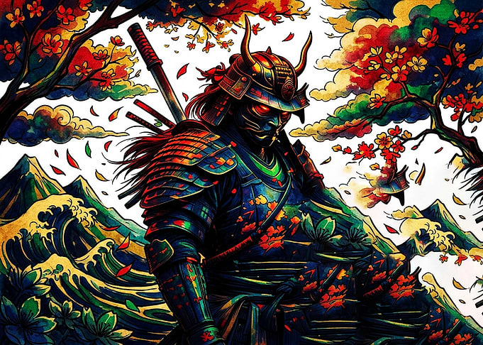 Vibrant Samurai Warrior in Autumn Landscape