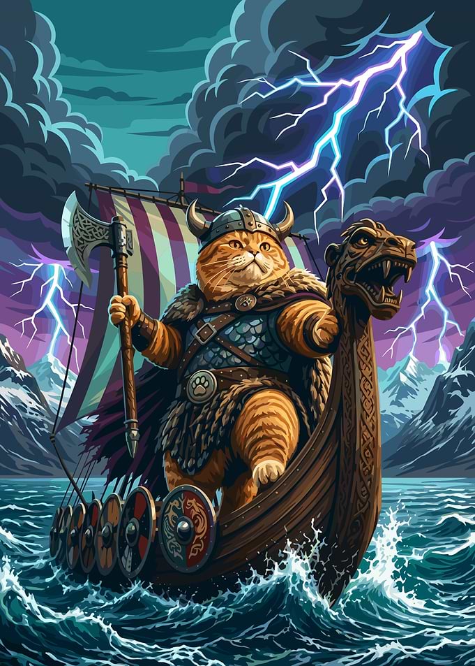Viking Cat Warrior on Longship