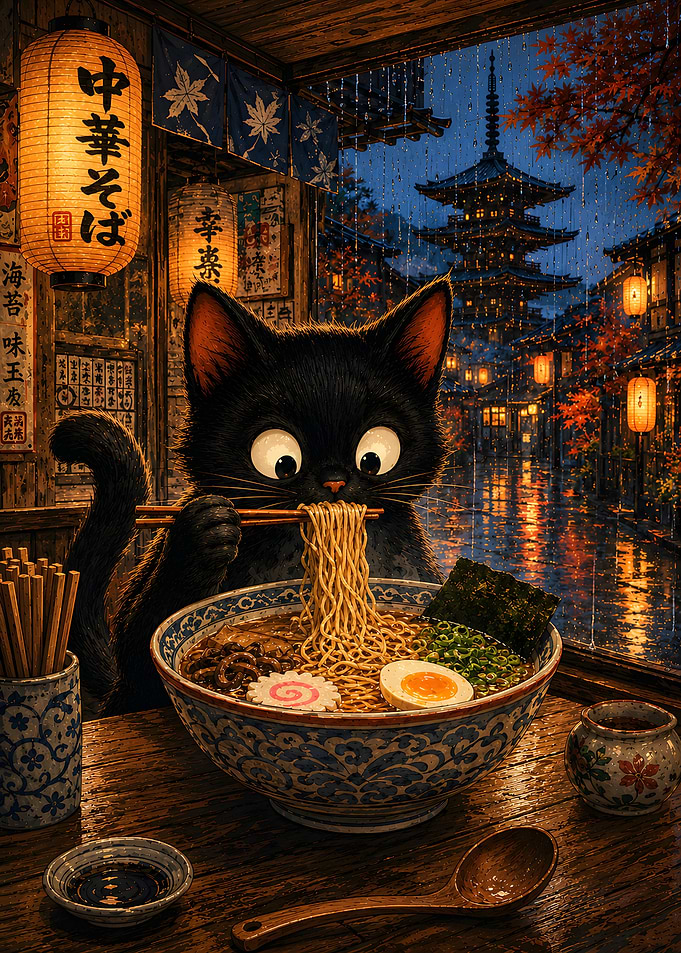 Black Cat Eating Ramen in Japan Fuji Mountain
