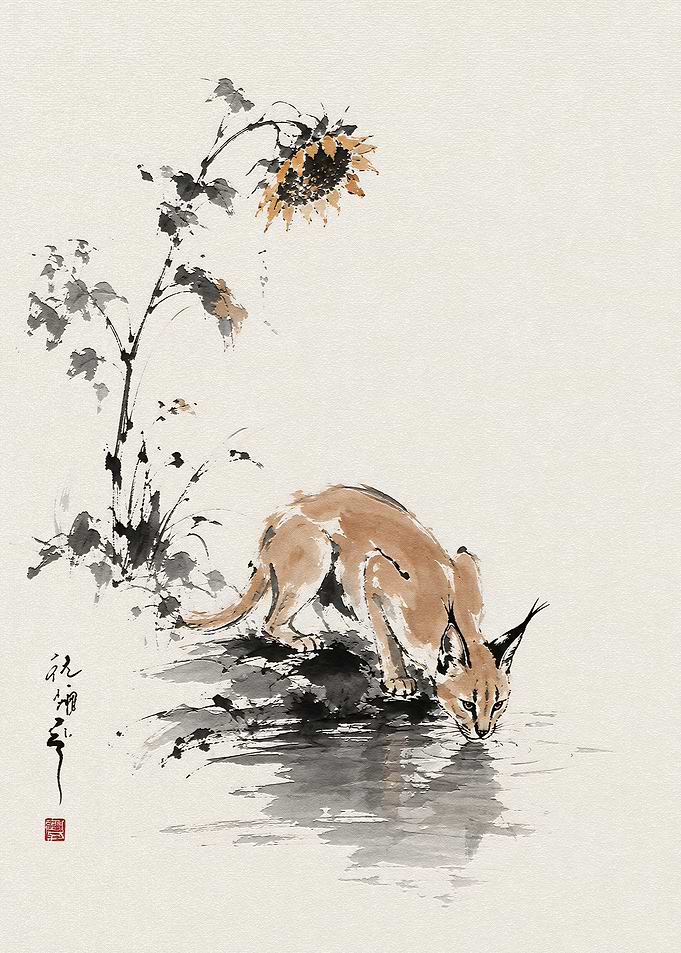 Caracal Drinking by a Sunflower