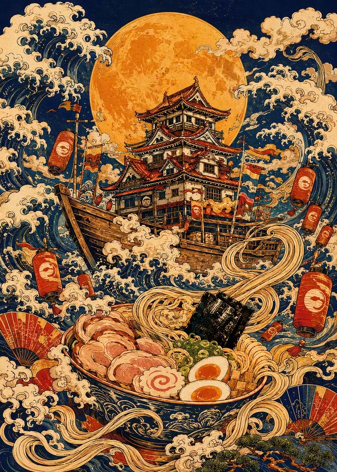 Japanese Ramen Castle Ukiyo-e Art