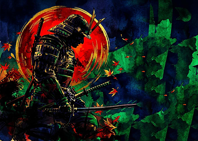 Samurai Warrior with Red Sun Background