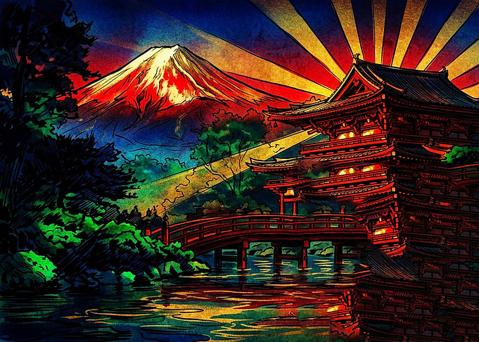 Vibrant Mount Fuji and Temple Scene