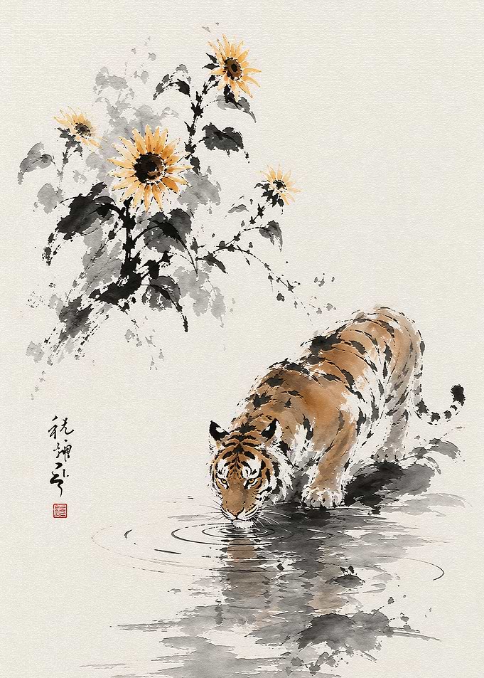Tiger Drinking Water with Sunflowers