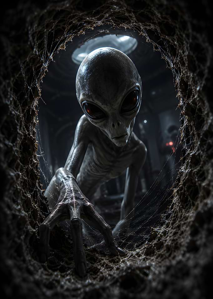 Alien Emerging from Dark Tunnel