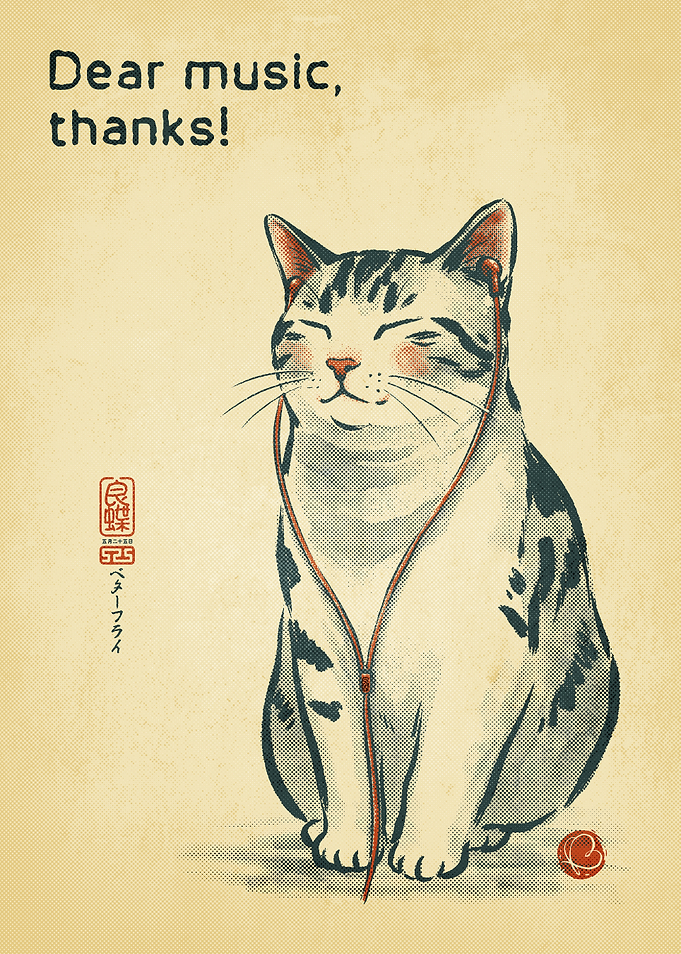 Cat Listening to Music Illustration