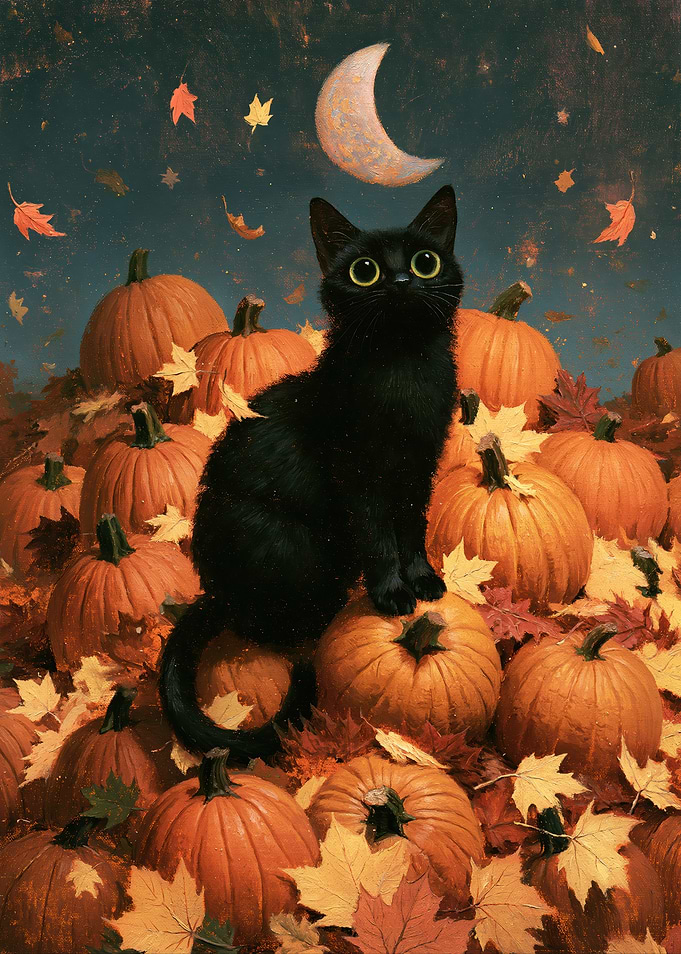 Black Cat Sitting Among Autumn Pumpkins