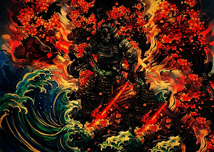 Samurai Warrior Amidst Waves and Blossoms