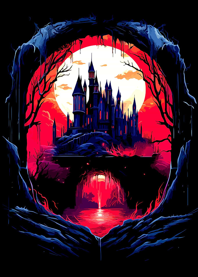 Gothic Castle Under Red Moon