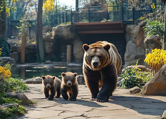 Mother Grizzly Bear and Two Cubs
