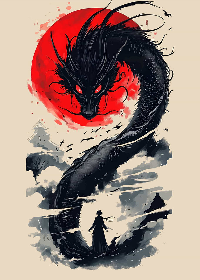 Black Dragon and Samurai Silhouette