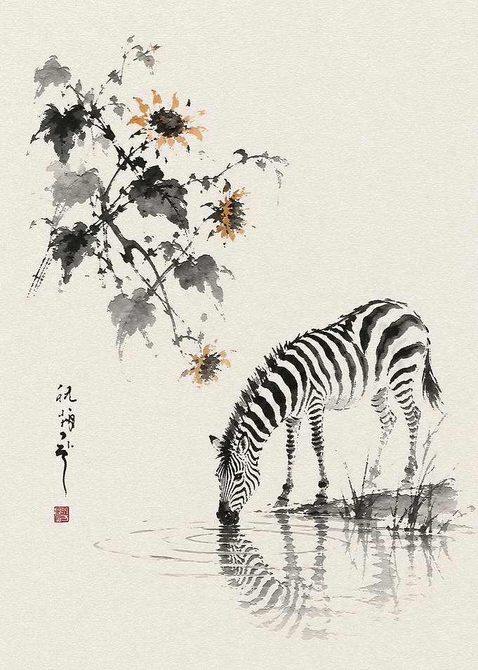 Zebra Drinking Water Ink Wash Painting