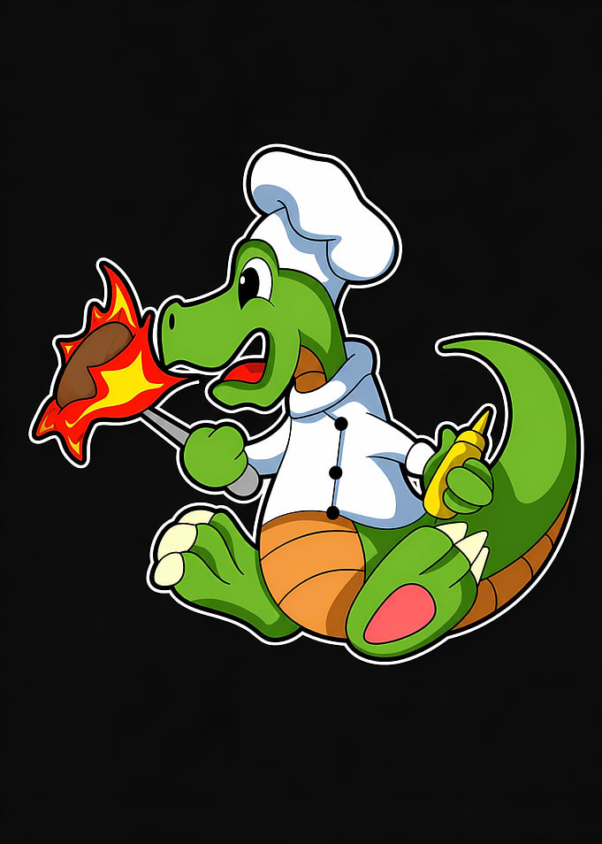 Cartoon Chef Dinosaur Grilling Sausage