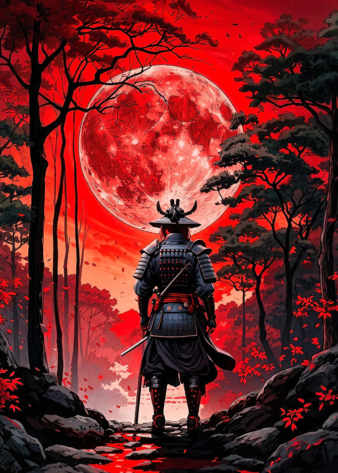 Samurai Standing Under Blood Moon