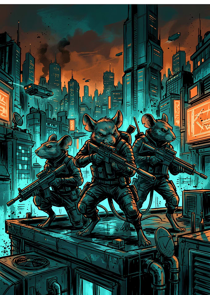 Cyberpunk Rat Soldiers on Rooftop