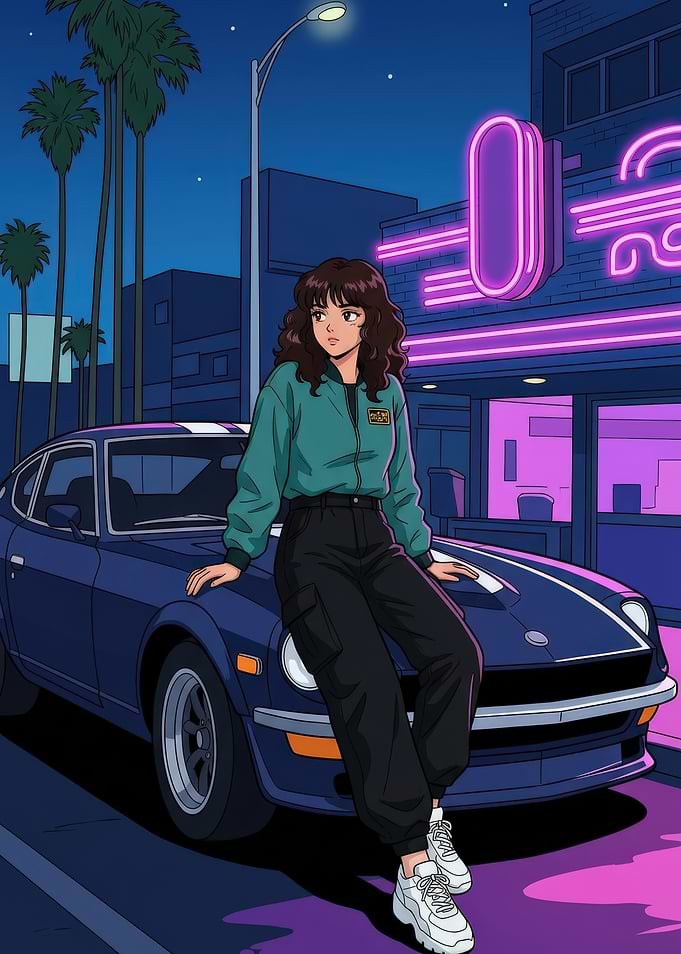 Anime Girl Sitting on Vintage Car