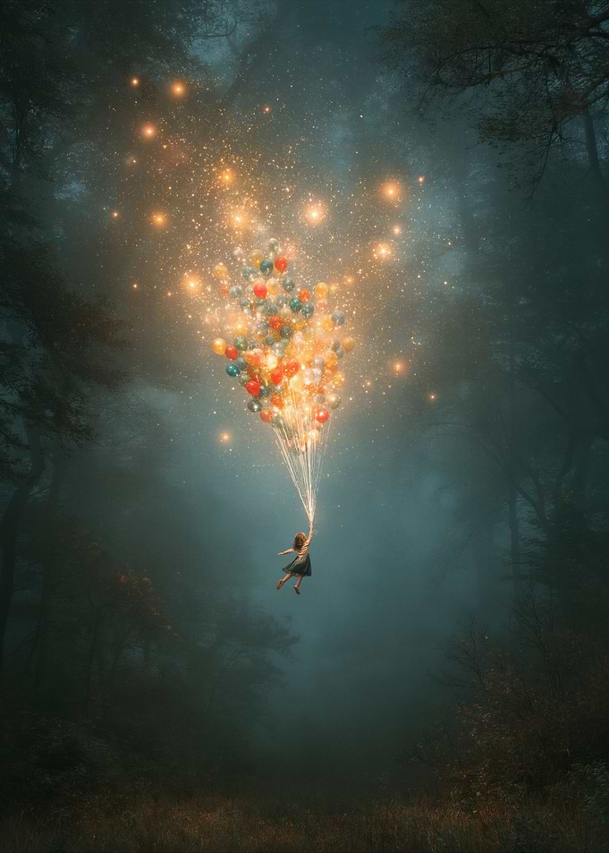 Girl Floating with Glowing Balloons