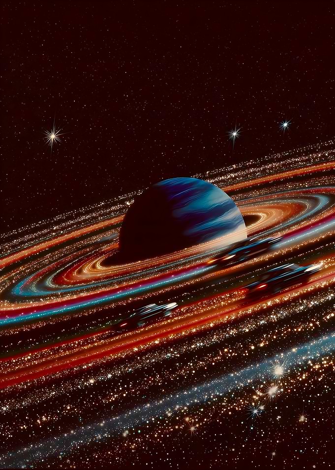 Spaceships Racing Around Ringed Planet