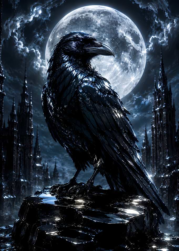 Raven Perched Before Full Moon