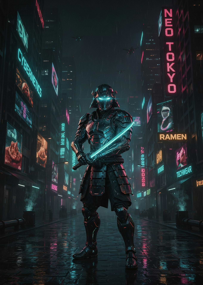Cyberpunk Samurai in Neon City