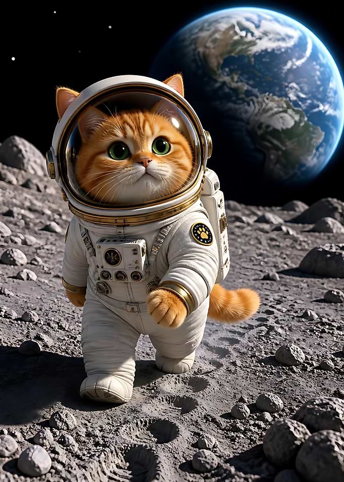 Cute Ginger Cat Astronaut on Moon