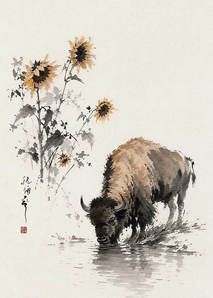 Bison Drinking by Sunflowers Ink Wash