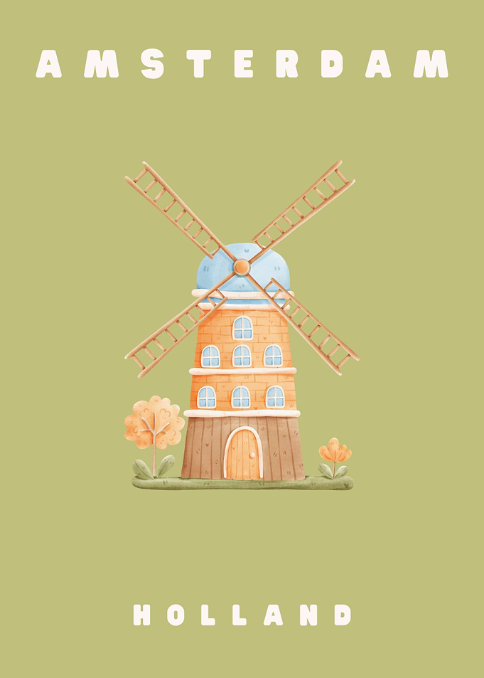 Cute Amsterdam Holland Windmill Illustration