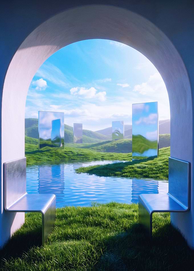 Surreal Archway Overlooking Mirrored Landscape