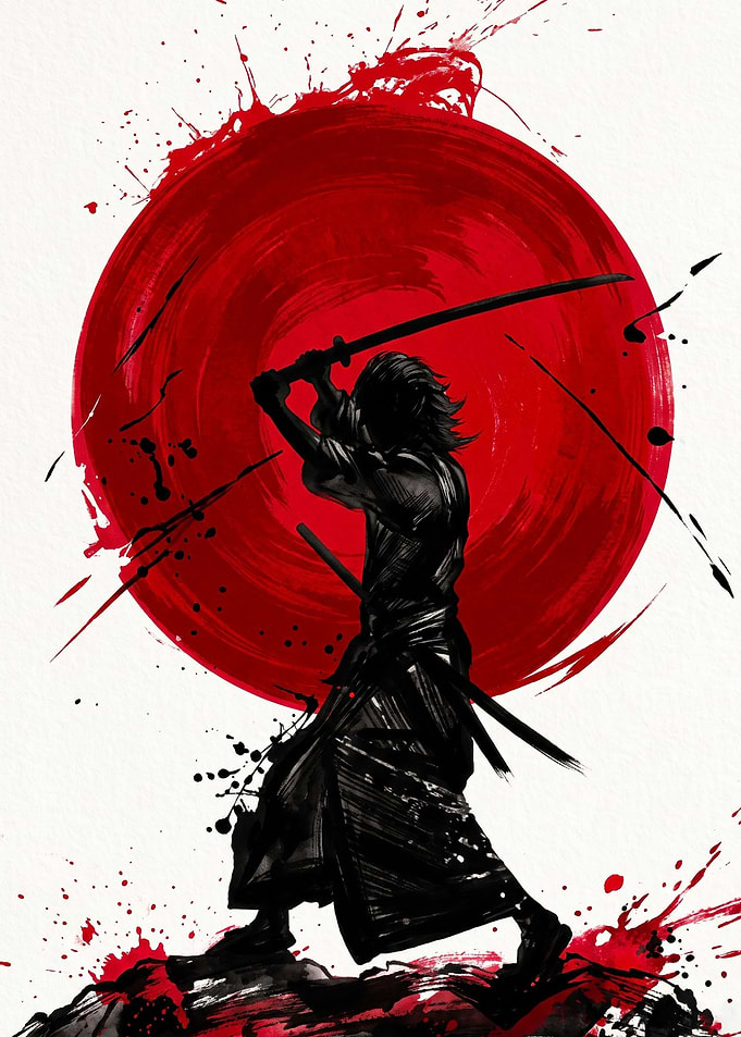 Samurai Silhouette with Red Sun