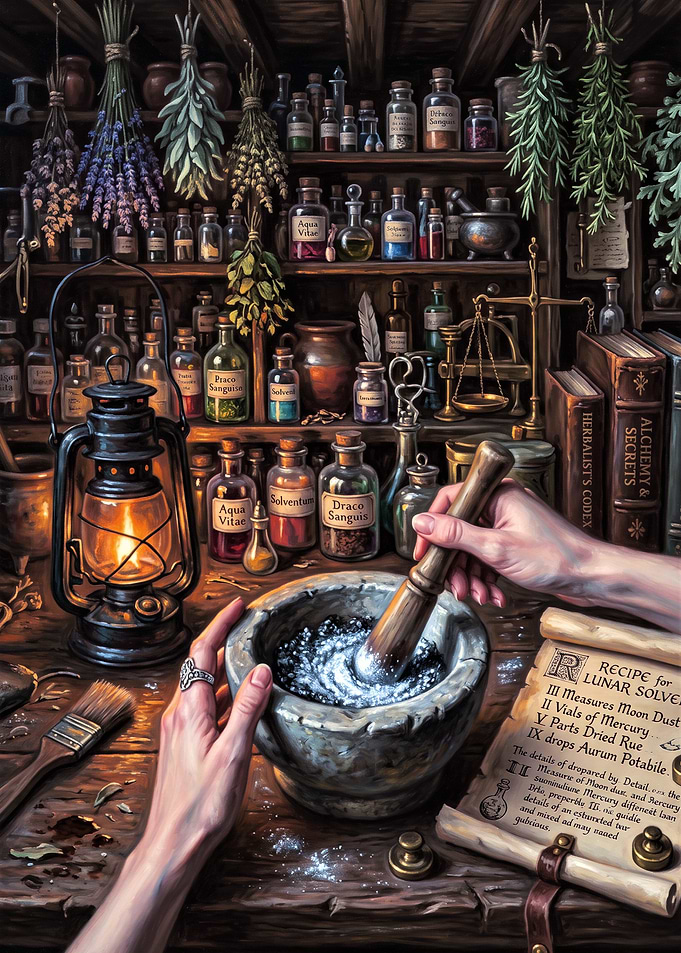 Alchemist Preparing Lunar Solvent Potion