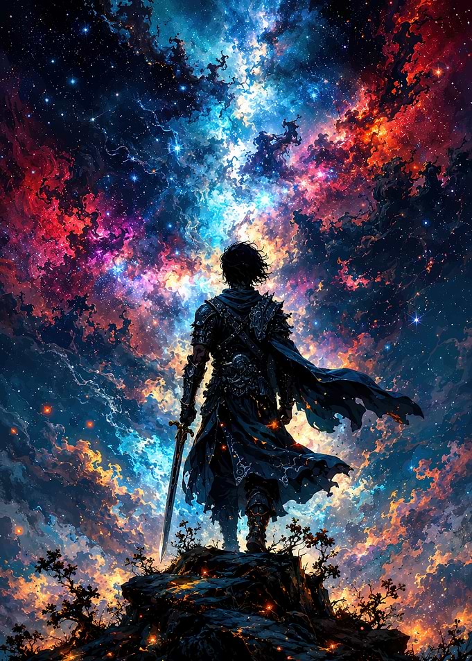 Warrior Standing Before Cosmic Nebula