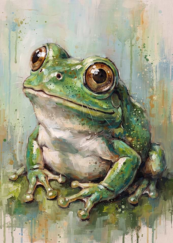 Whimsical Painted Green Frog Portrait