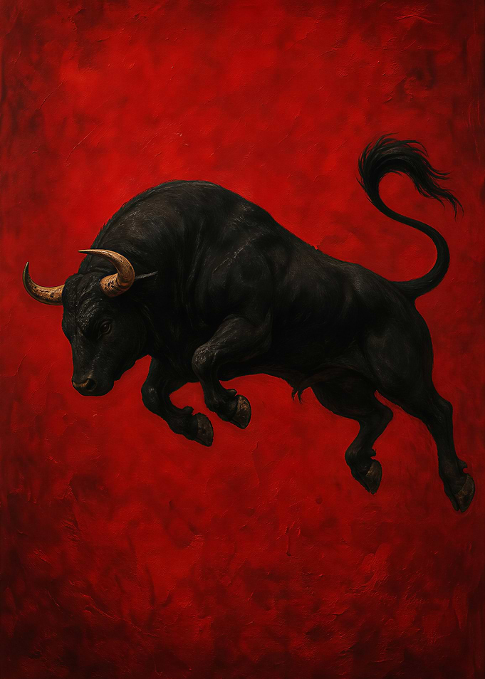 Powerful Black Bull on Red Background