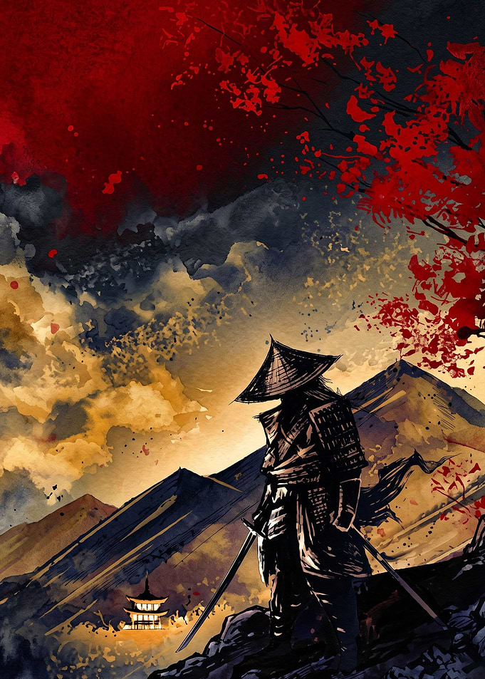 Samurai Warrior in Watercolor Landscape