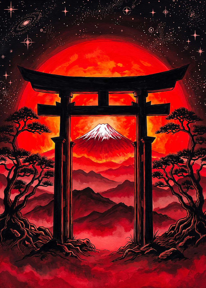 Mount Fuji Torii Gate Red Sunset