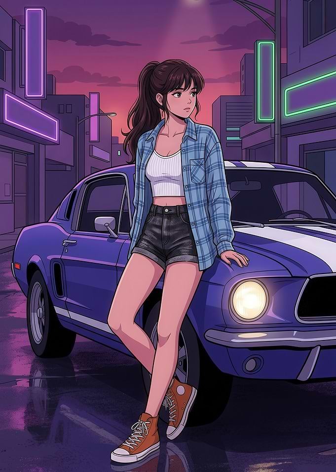 Anime Girl Leaning on Muscle Car