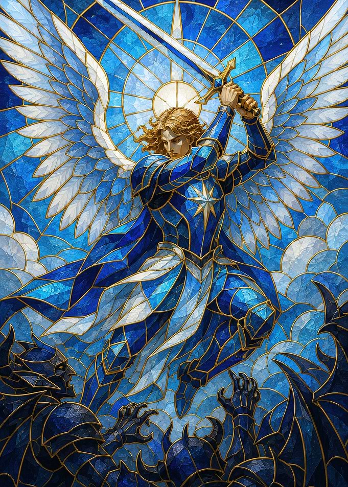 Stained Glass Angel Warrior Battle