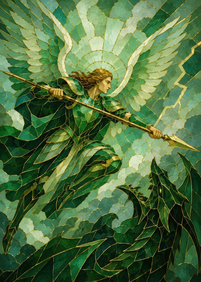 Stained Glass Angel Battling Dragon